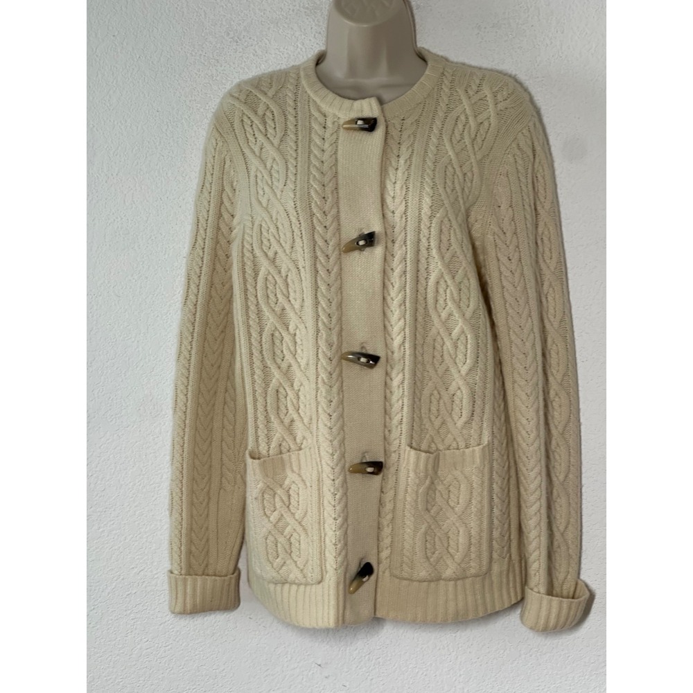 Lauren Ralph Lauren Petite Cream Merino Wool Cashmere Cable Knit Toggle Cardigan